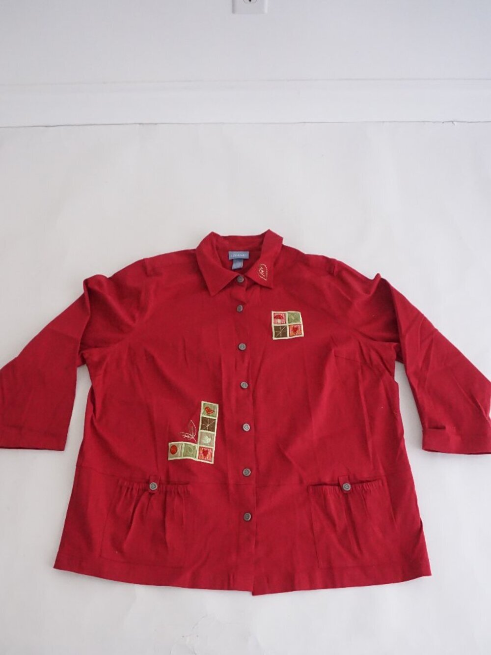 Vintage Liz & Me Red Patchwork Leaf Mushroom Embroidered Collared Jacket 2X